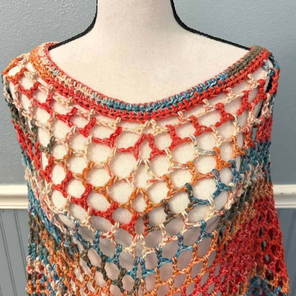Handmade Crochet Poncho with Fringe | Boho Multicolor Poncho | One of a Kind - Picture 5 of 16